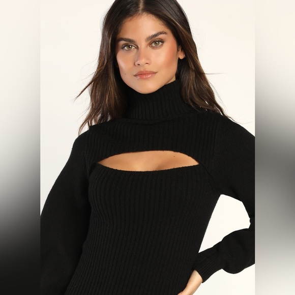 NWT LuLu’s Warm Companion Black Ribbed Knit Bodycon Midi Sweater Dress ~ Medium - Picture 6 of 7